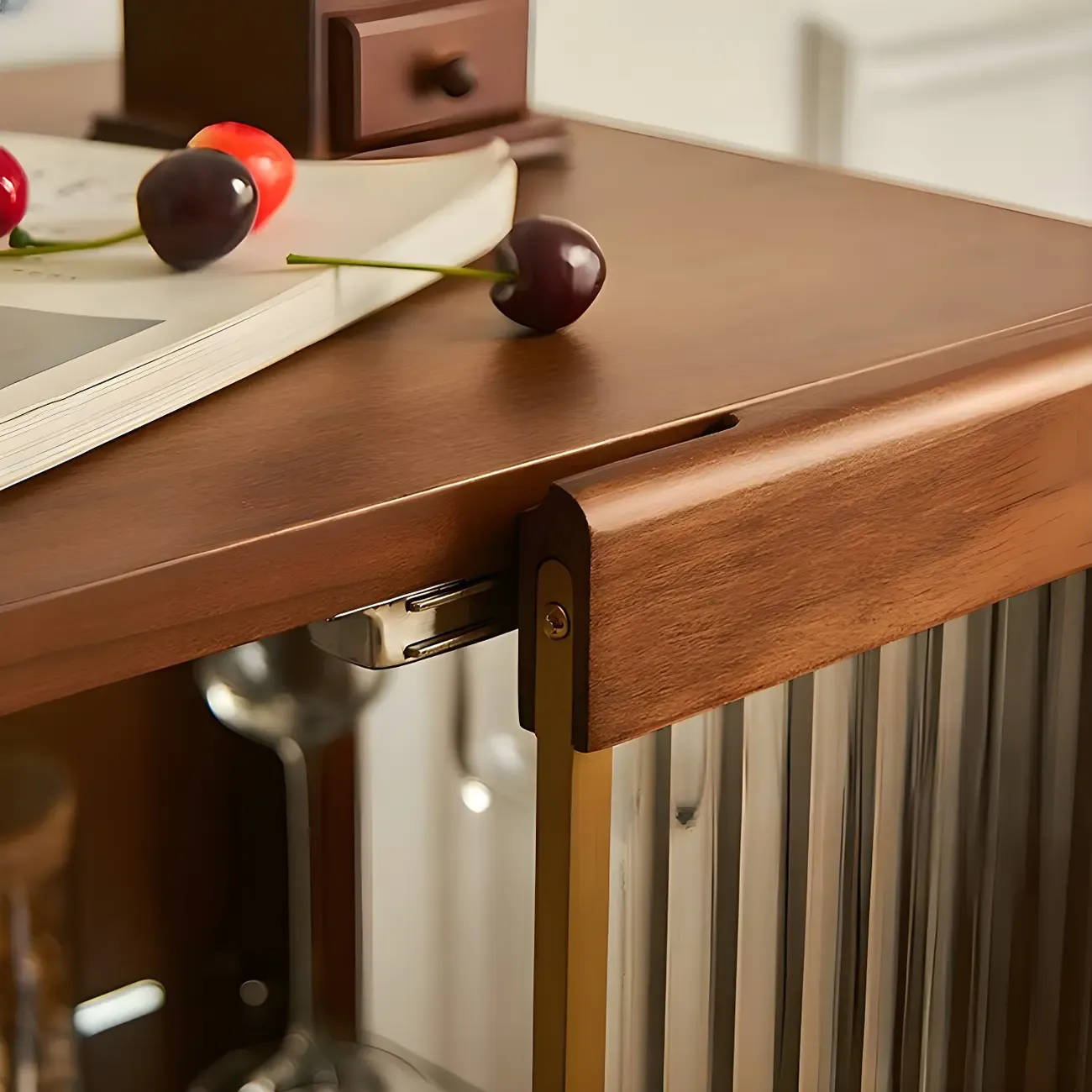 Mid-Century Modern Leggy Brown Wooden Glass Storage Cabinet Image - 9