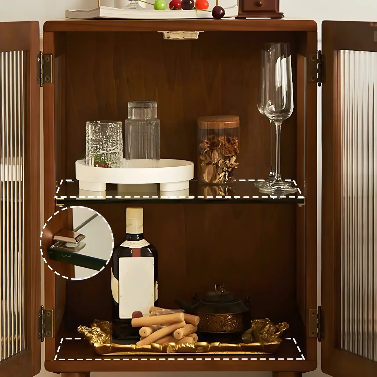 Mid-Century Modern Leggy Brown Wooden Glass Storage Cabinet Image - 13 | homeyfad