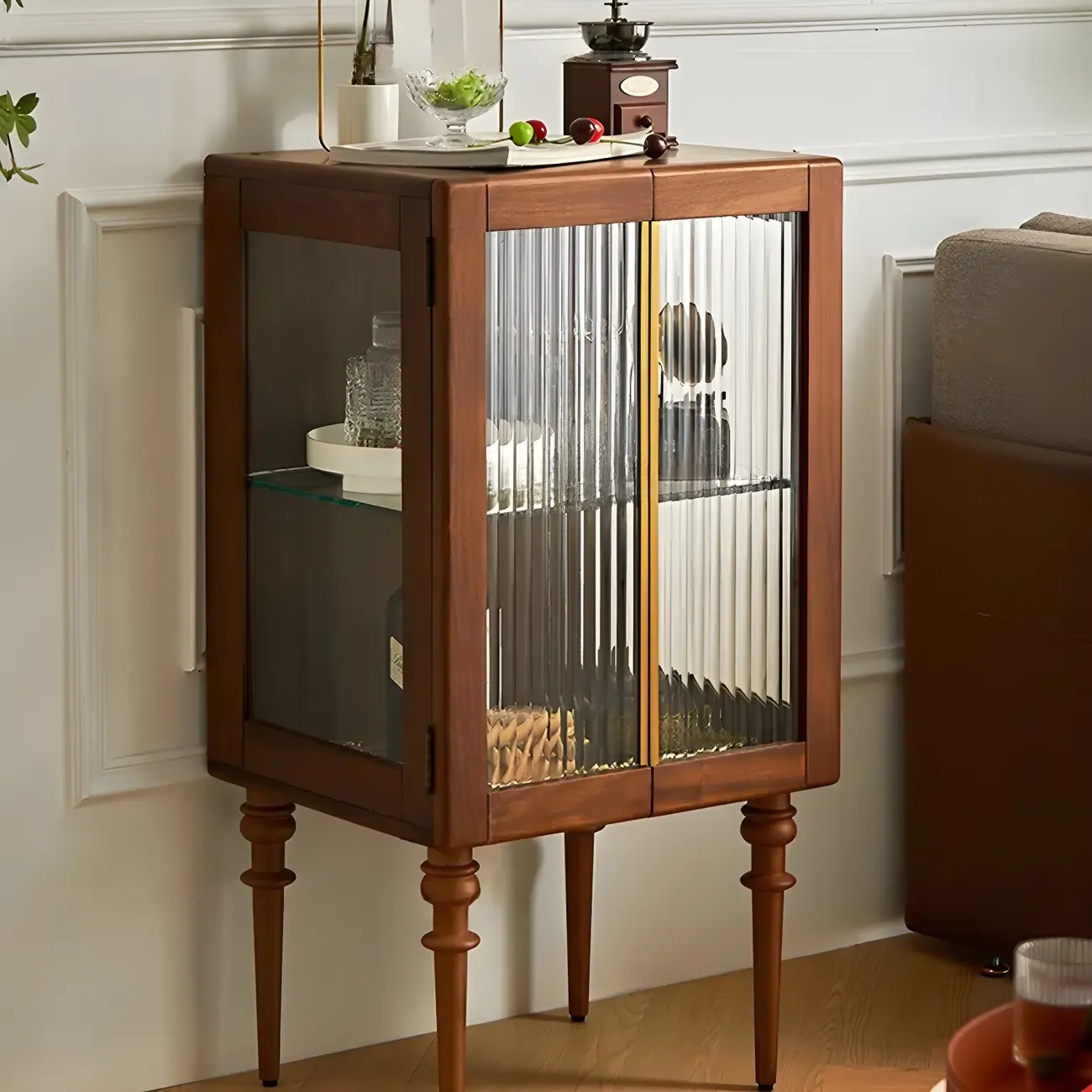 Mid-Century Modern Leggy Brown Wooden Glass Storage Cabinet Image - 1