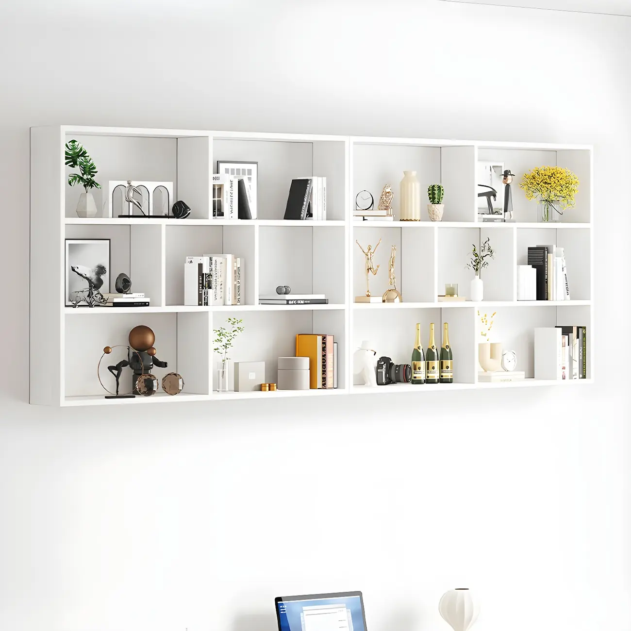 White Wall-Mounted Cube Wood Display Bookcase Image - 4 | homeyfad