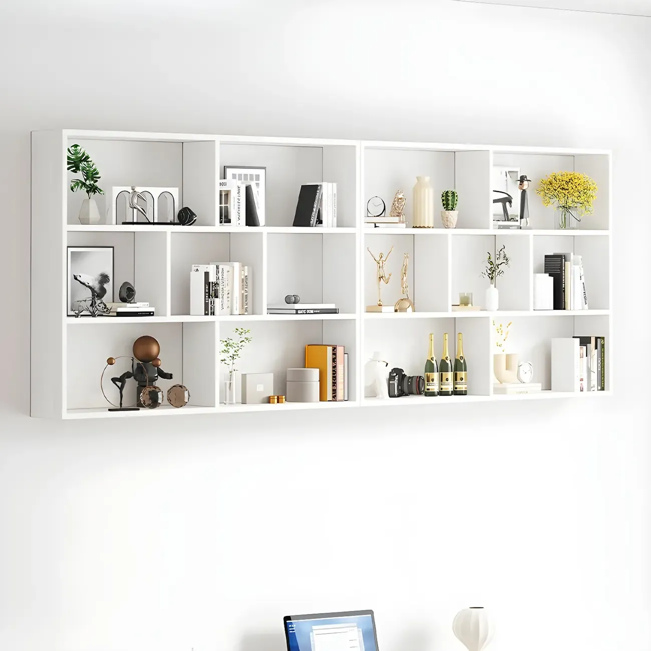 White Wall-Mounted Cube Wood Display Bookcase Image - 4