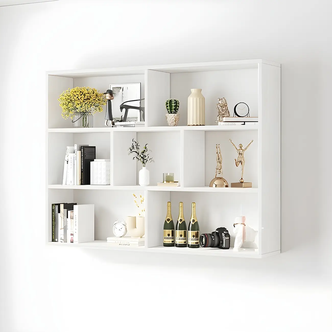 White Wall-Mounted Cube Wood Display Bookcase Image - 9 | homeyfad