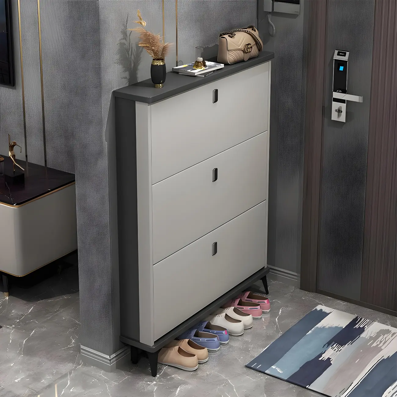Entryway Grey/White Drop Front Shoe Storage Cabinet Image - 1 | homeyfad