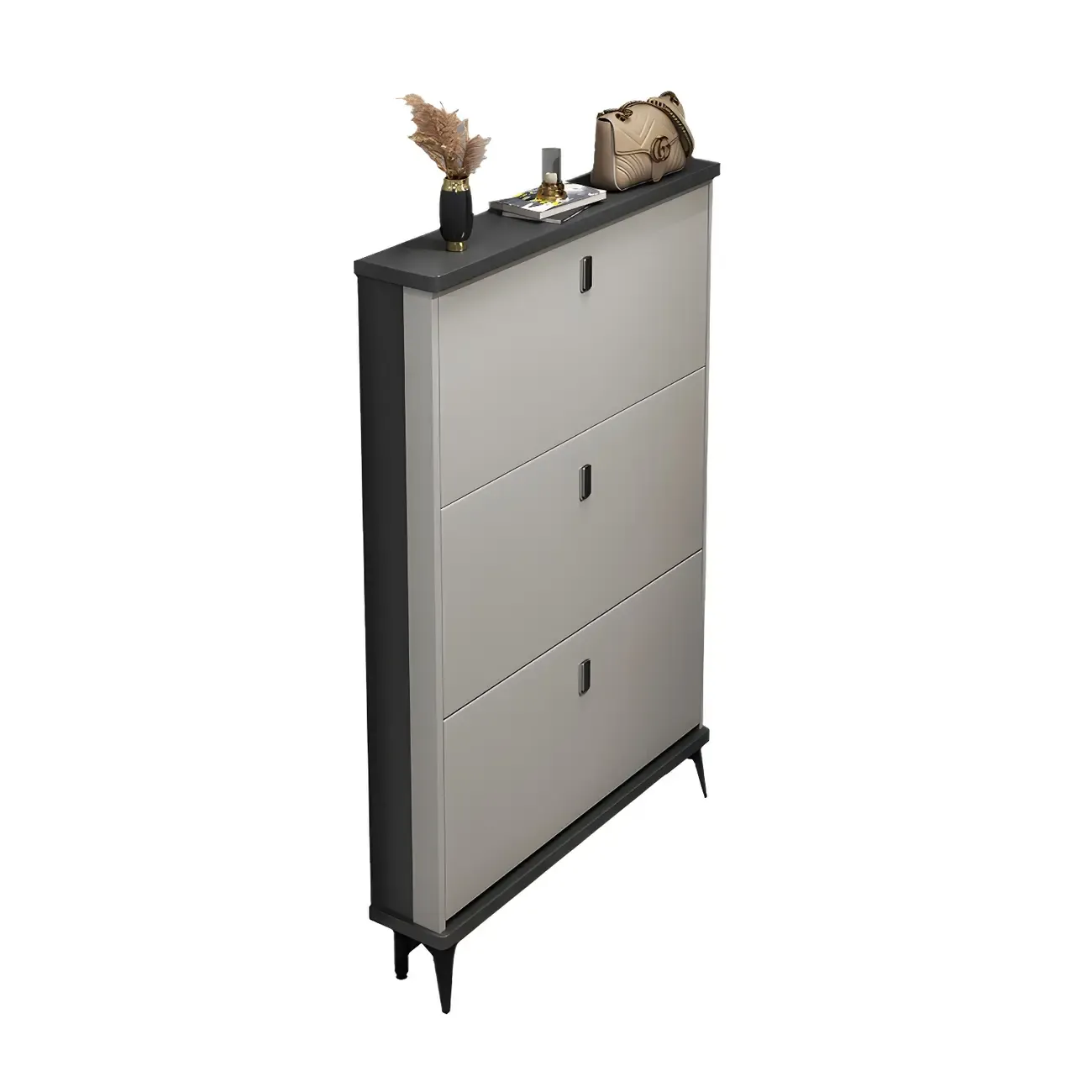 Entryway Grey/White Drop Front Shoe Storage Cabinet Image - 3