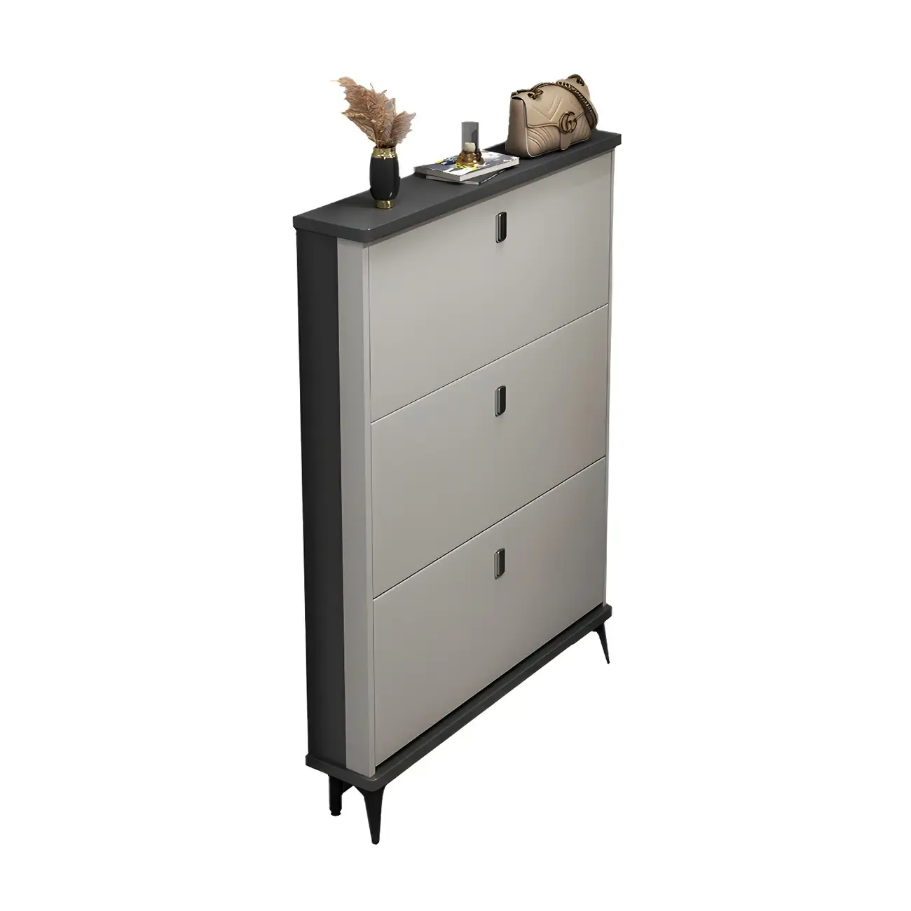 Entryway Grey/White Drop Front Shoe Storage Cabinet Image - 4