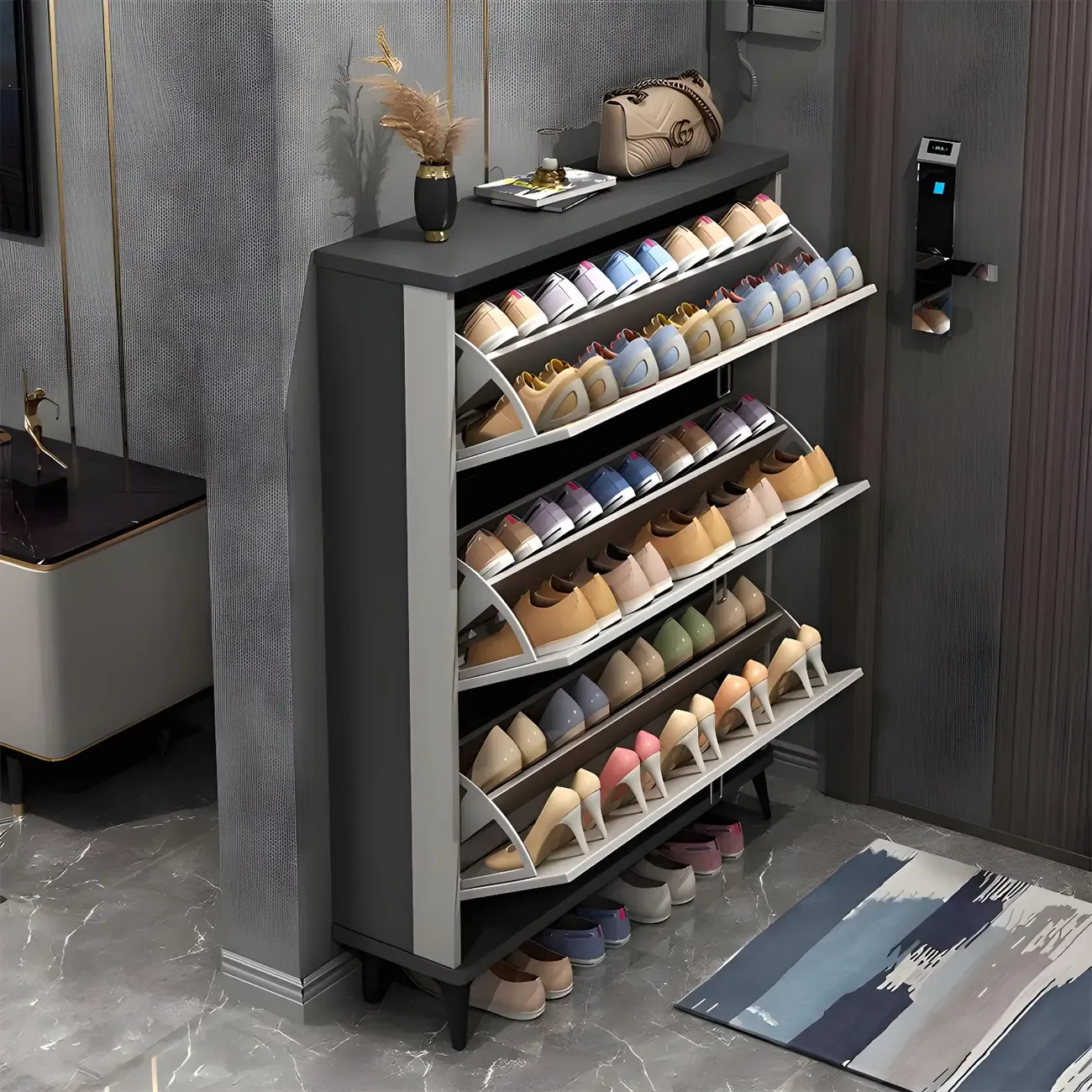 Entryway Grey/White Drop Front Shoe Storage Cabinet Image - 2