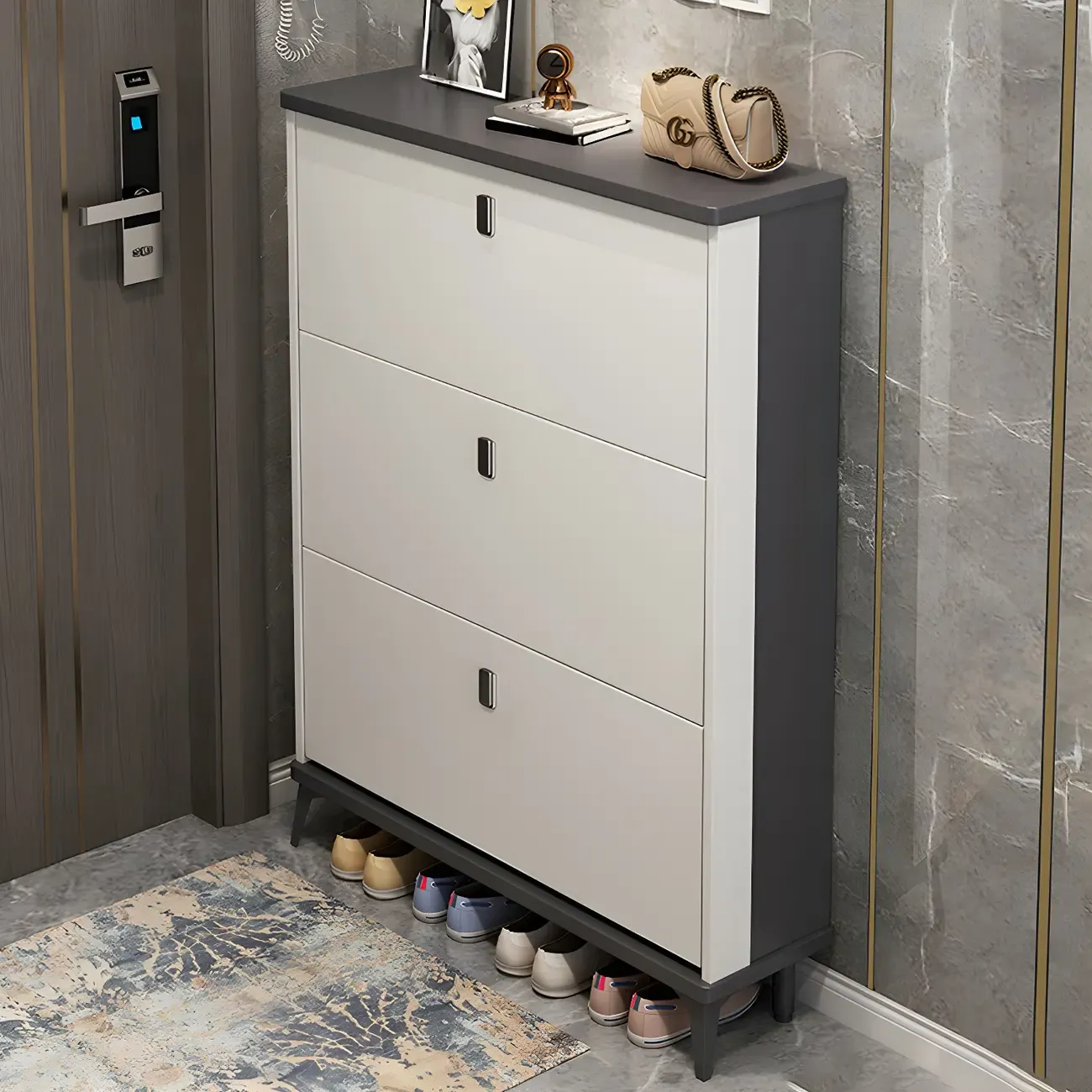 Entryway Grey/White Drop Front Shoe Storage Cabinet Image - 11