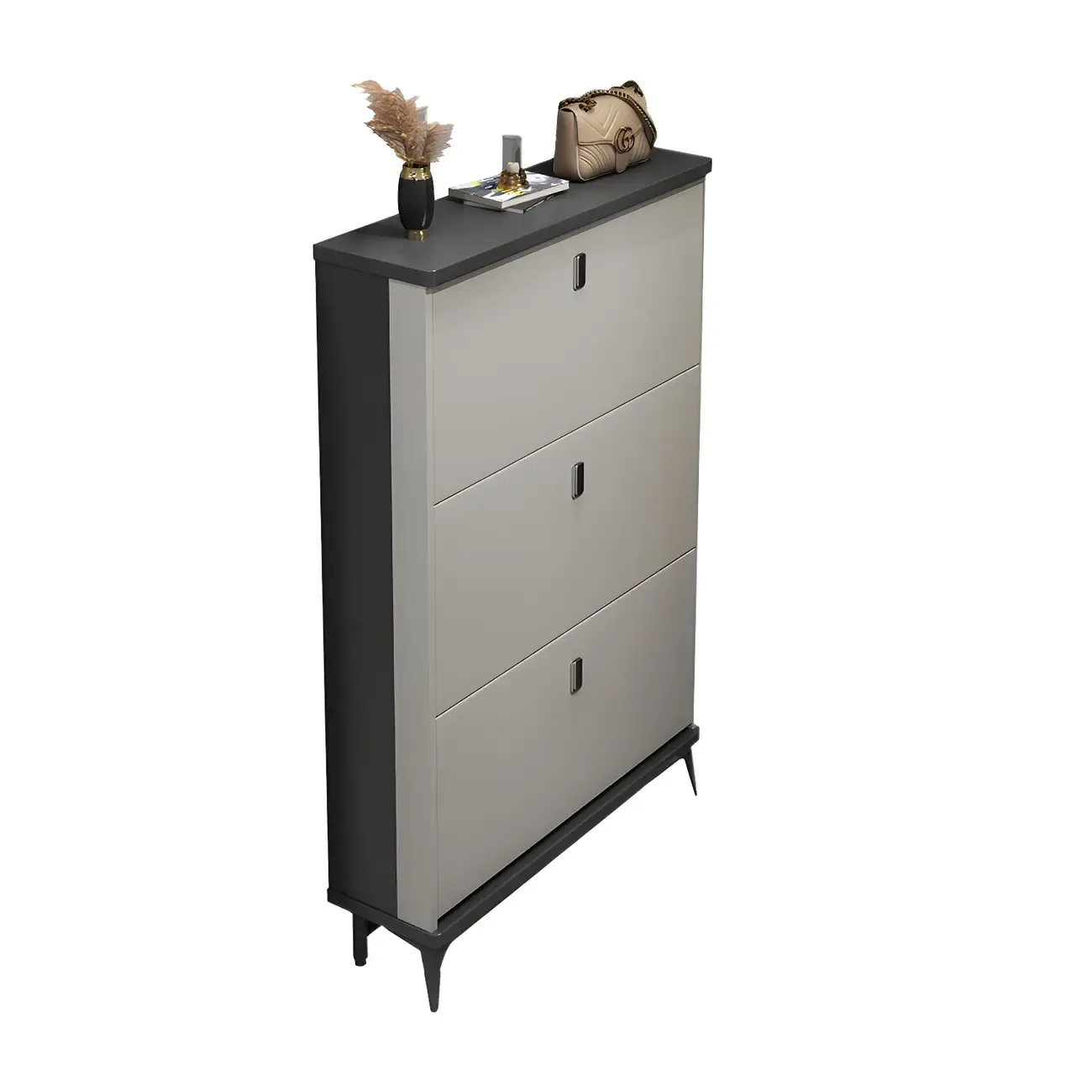 Entryway Grey/White Drop Front Shoe Storage Cabinet Image - 12