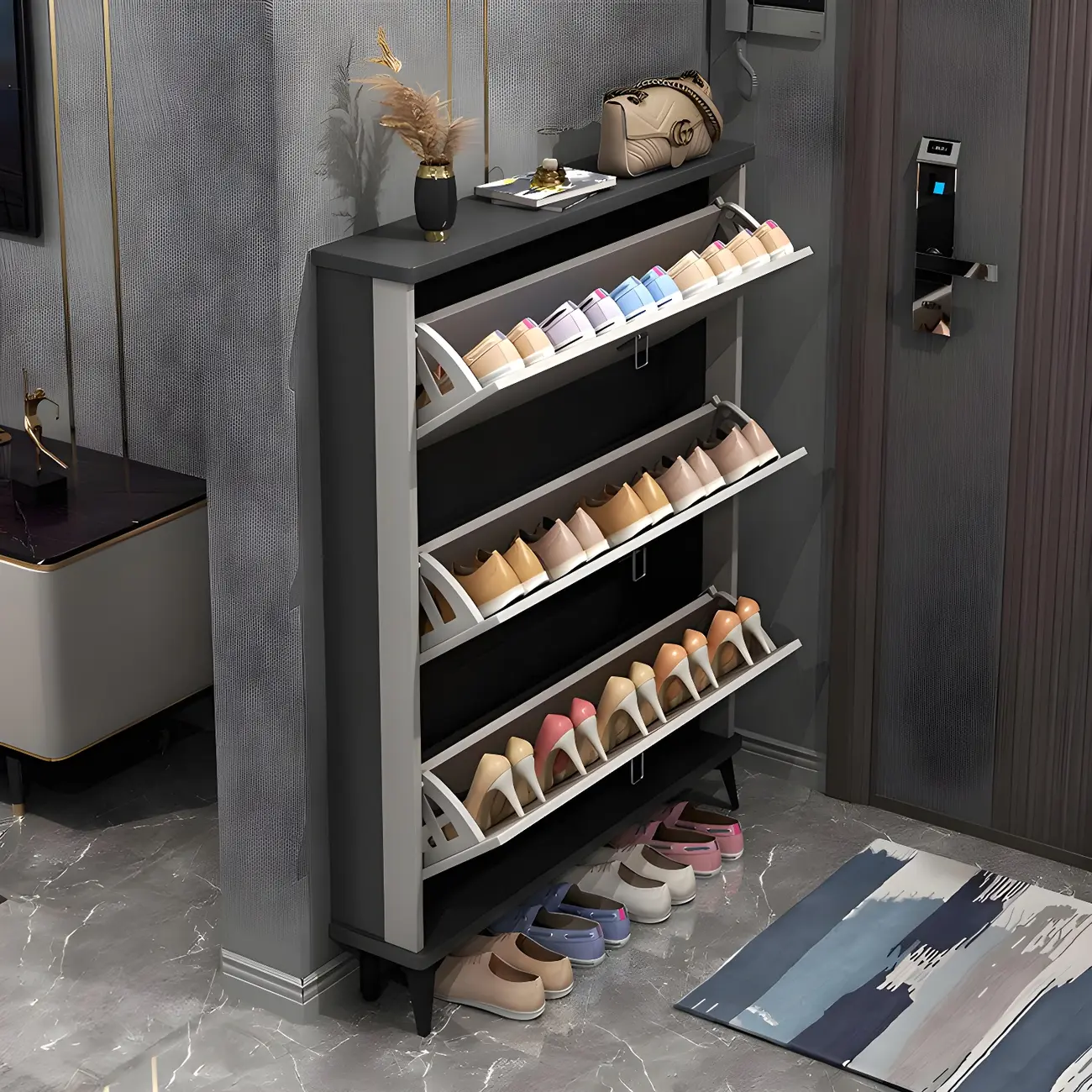 Entryway Grey/White Drop Front Shoe Storage Cabinet Image - 19 | homeyfad
