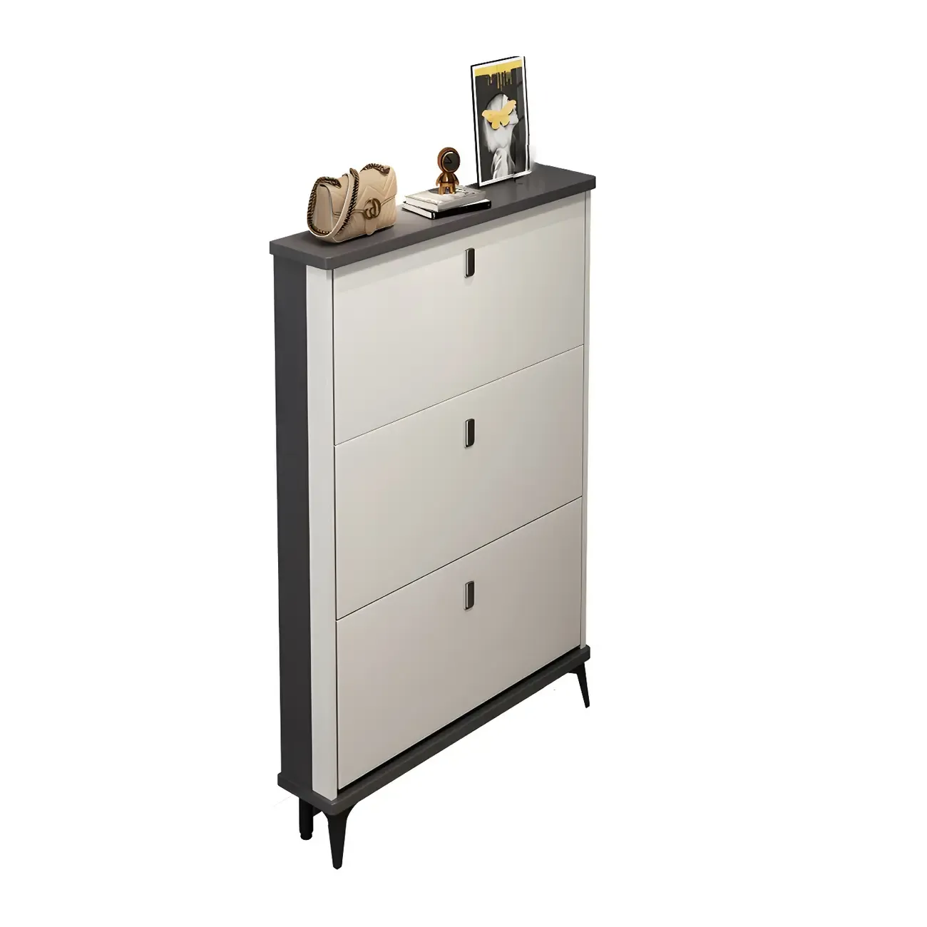 Entryway Grey/White Drop Front Shoe Storage Cabinet Image - 21