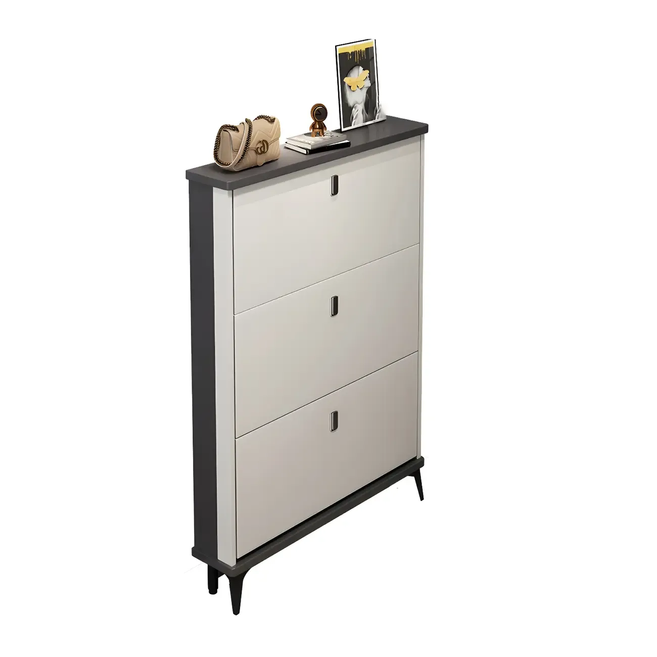 Entryway Grey/White Drop Front Shoe Storage Cabinet Image - 22