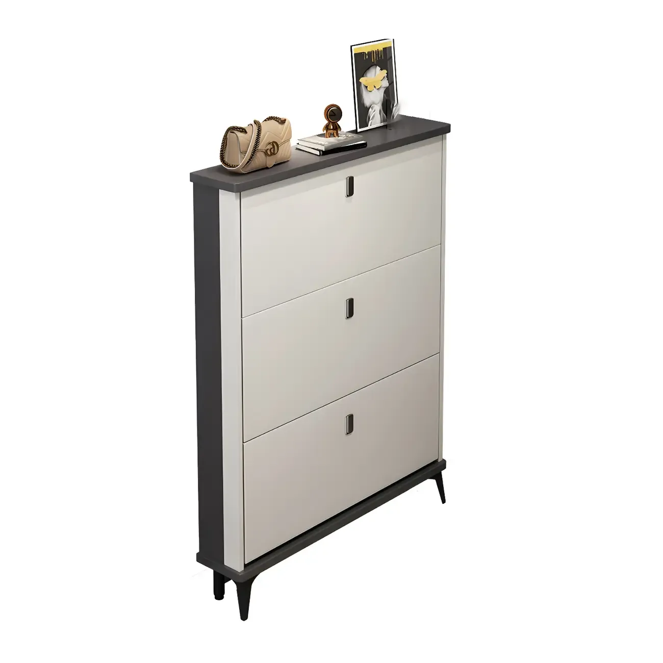 Entryway Grey/White Drop Front Shoe Storage Cabinet Image - 24