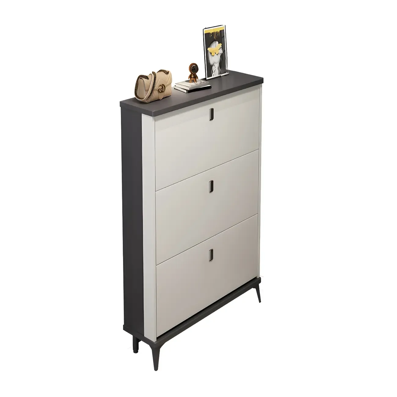 Entryway Grey/White Drop Front Shoe Storage Cabinet Image - 26
