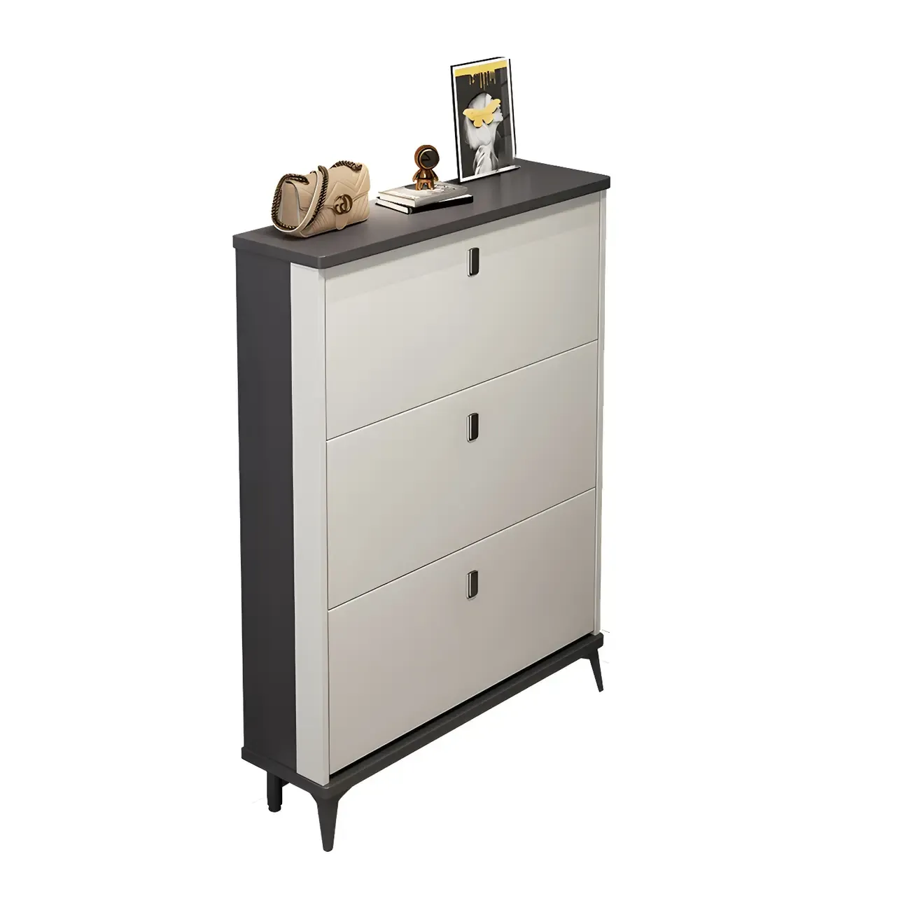 Entryway Grey/White Drop Front Shoe Storage Cabinet Image - 29