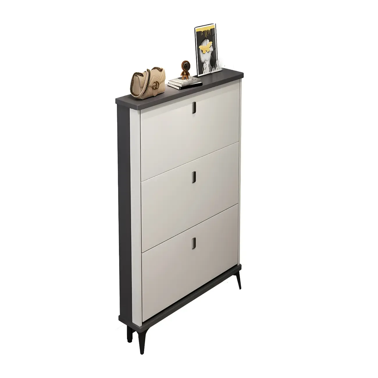 Entryway Grey/White Drop Front Shoe Storage Cabinet Image - 32