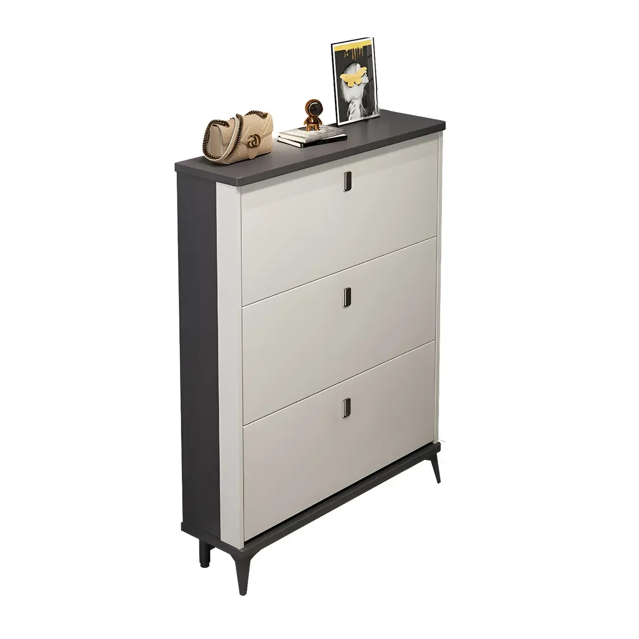 Entryway Grey/White Drop Front Shoe Storage Cabinet Image - 34