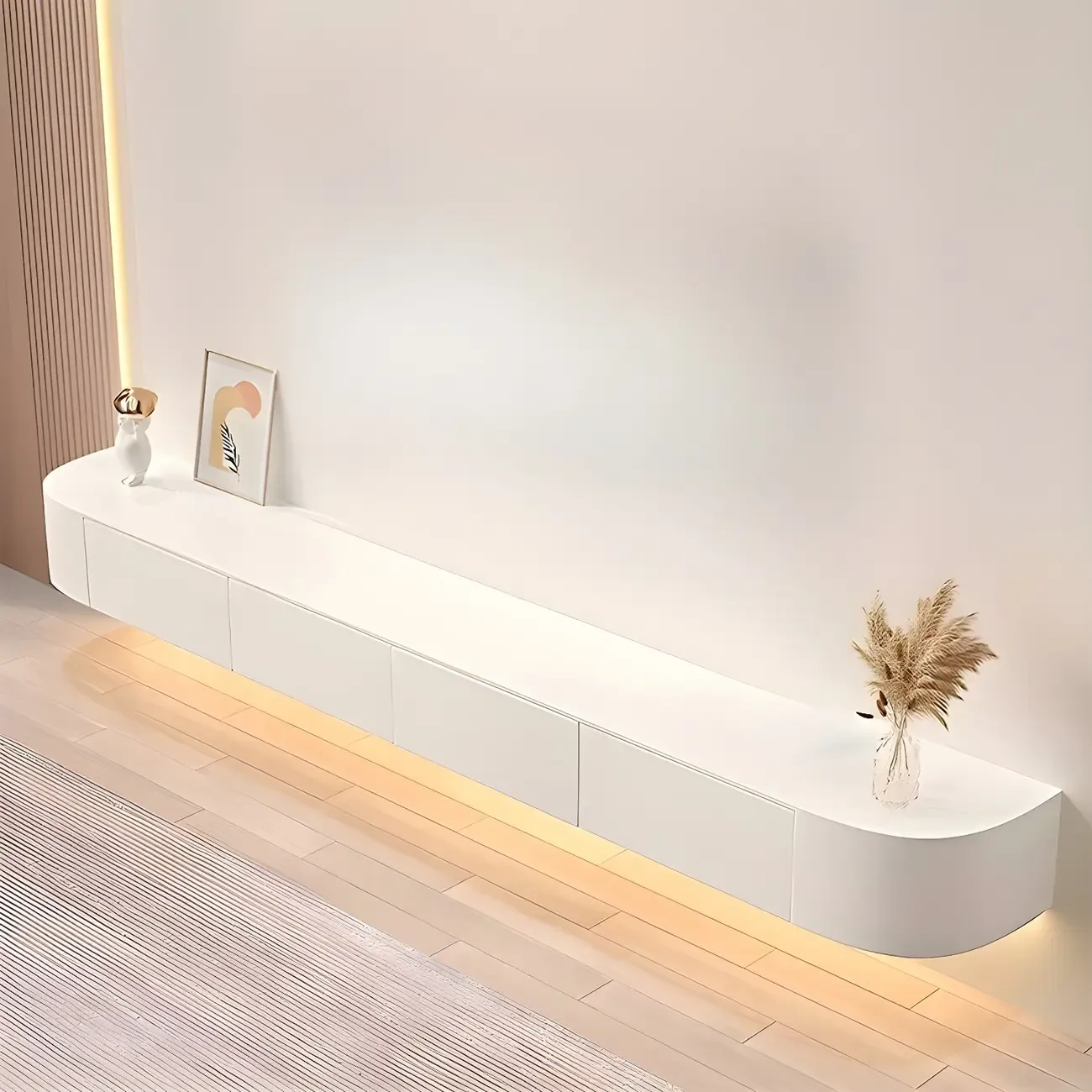 Glam Wooden Floating TV Stand in White with Drawers & Shelves Image - 5