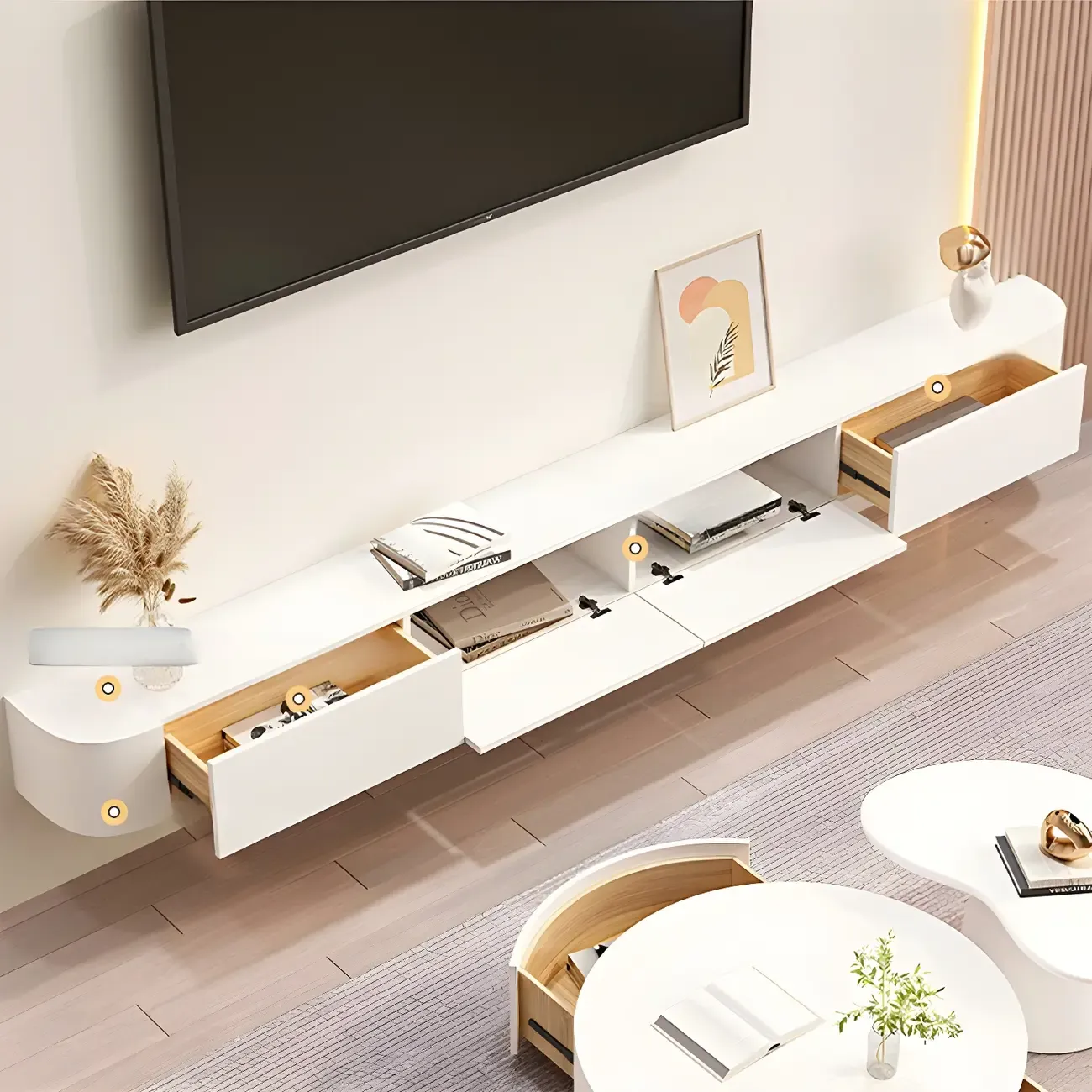 Glam Wooden Floating TV Stand in White with Drawers & Shelves Image - 1
