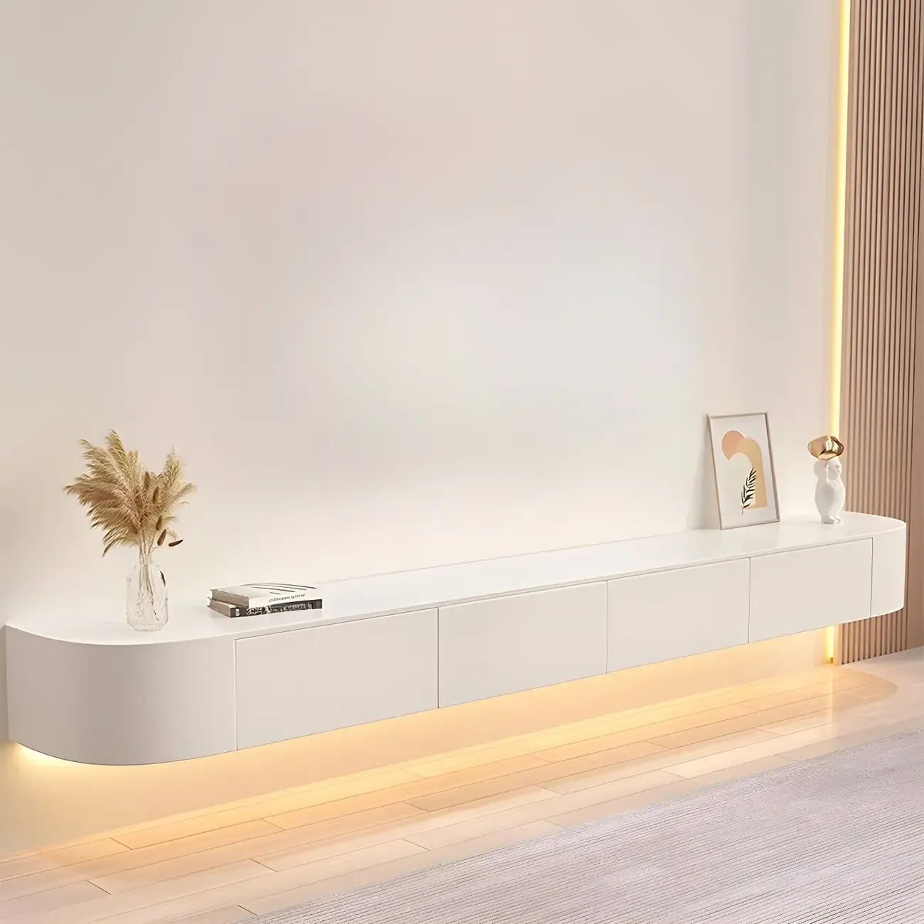 Glam Wooden Floating TV Stand in White with Drawers & Shelves Image - 6