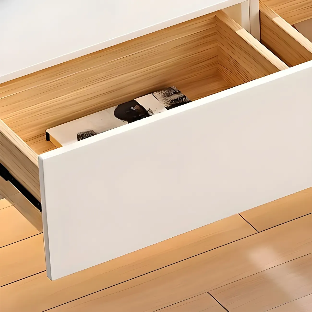 Glam Wooden Floating TV Stand in White with Drawers & Shelves Image - 11