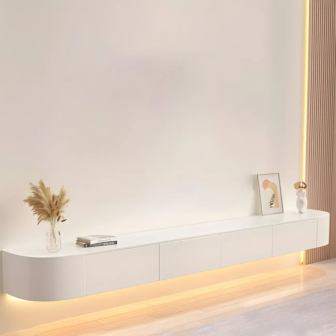 Glam Wooden Floating TV Stand in White with Drawers & Shelves Image - 12