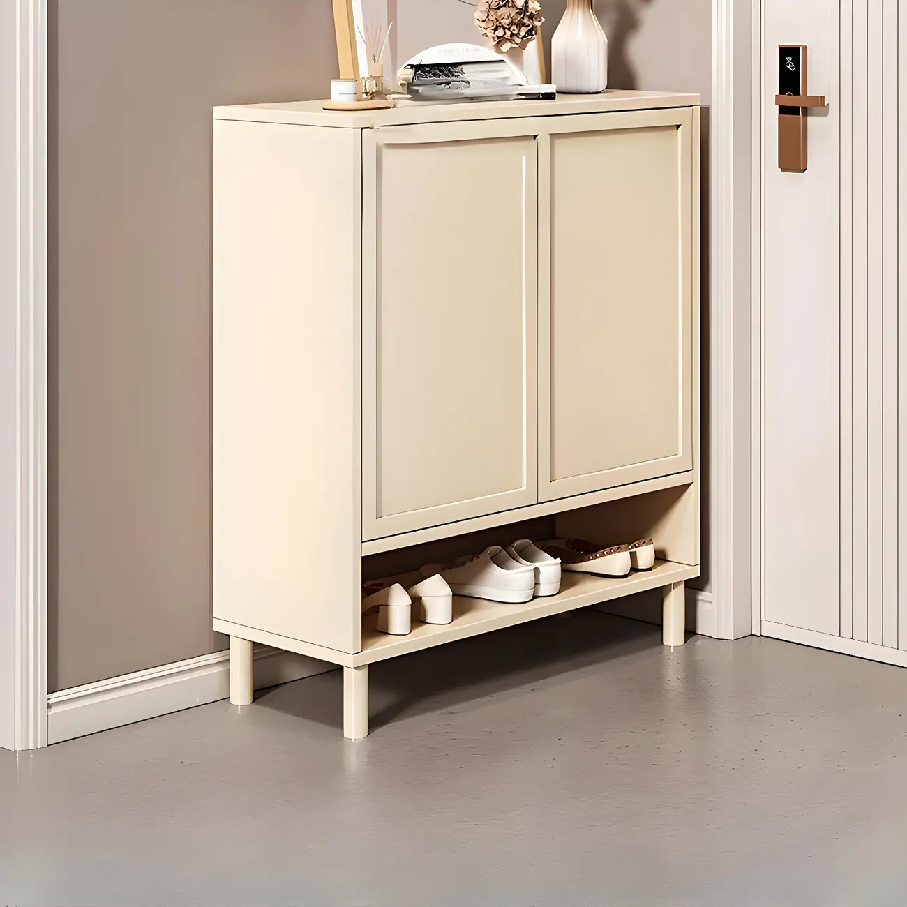 Cream White Wood Shoe Cabinet with Shoe Lattice Image - 6 | homeyfad