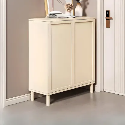 Cream White Wood Shoe Cabinet with Shoe Lattice Image - 7