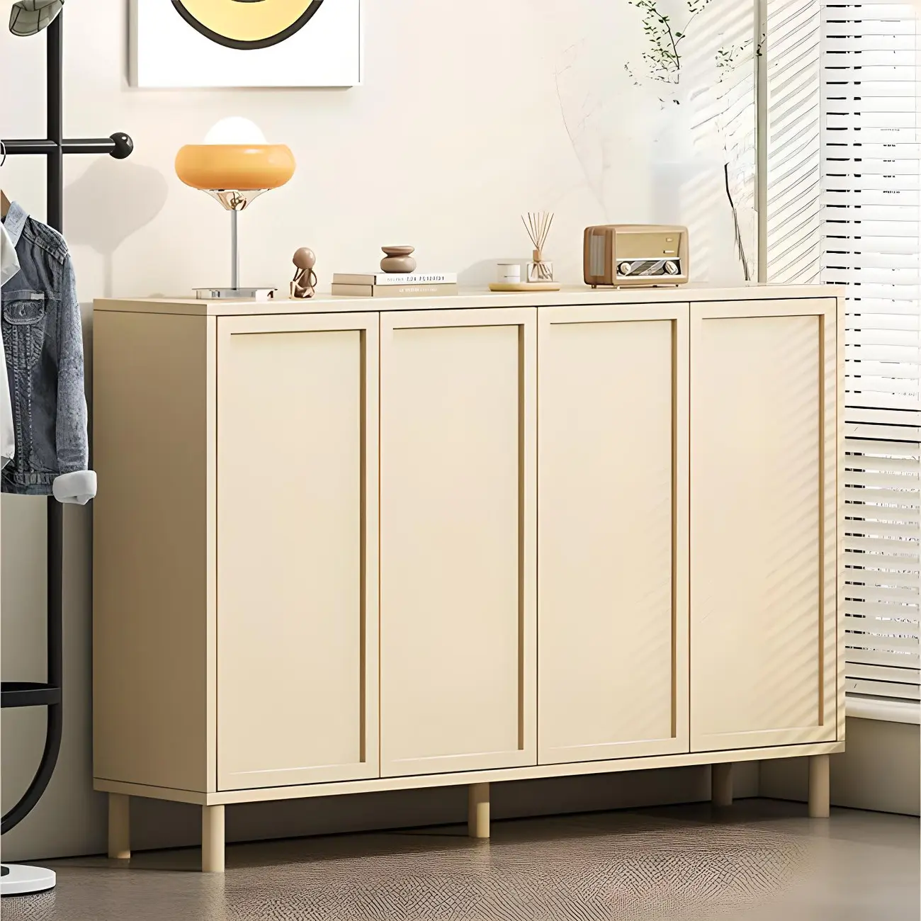 Cream White Wood Shoe Cabinet with Shoe Lattice Image - 5 | homeyfad