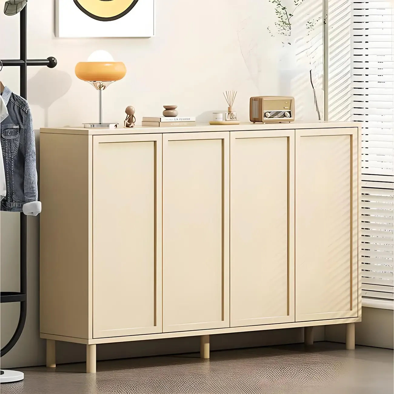 Cream White Wood Shoe Cabinet with Shoe Lattice Image - 5