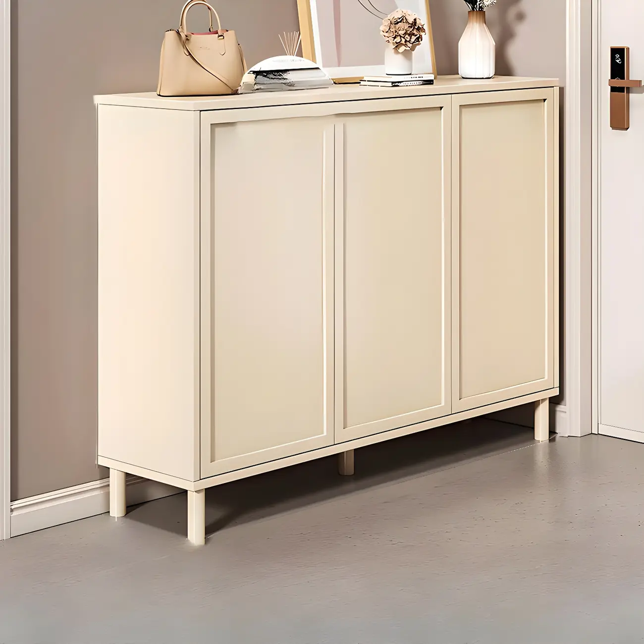 Cream White Wood Shoe Cabinet with Shoe Lattice Image - 8 | homeyfad