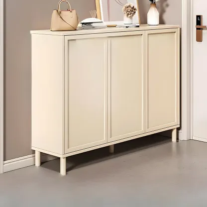 Cream White Wood Shoe Cabinet with Shoe Lattice Image - 8