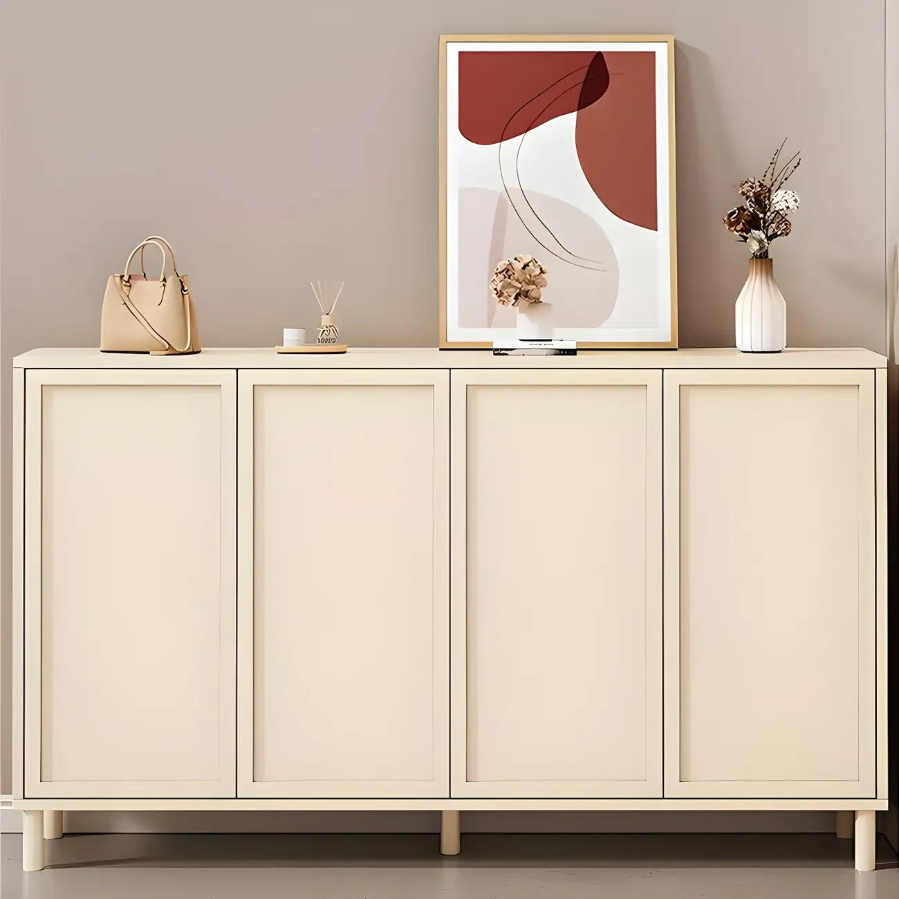 Cream White Wood Shoe Cabinet with Shoe Lattice Image - 9