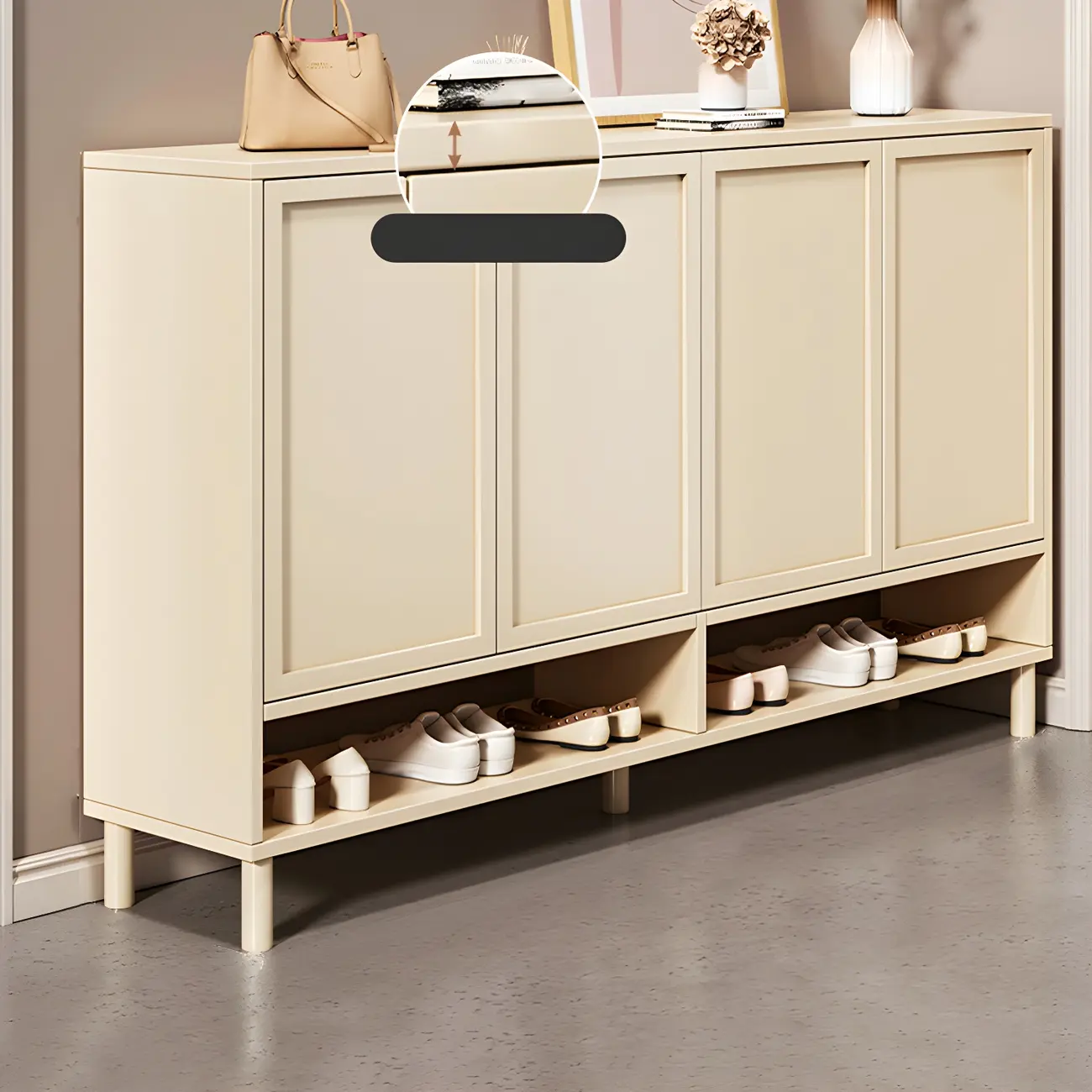 Cream White Wood Shoe Cabinet with Shoe Lattice Image - 1 | homeyfad