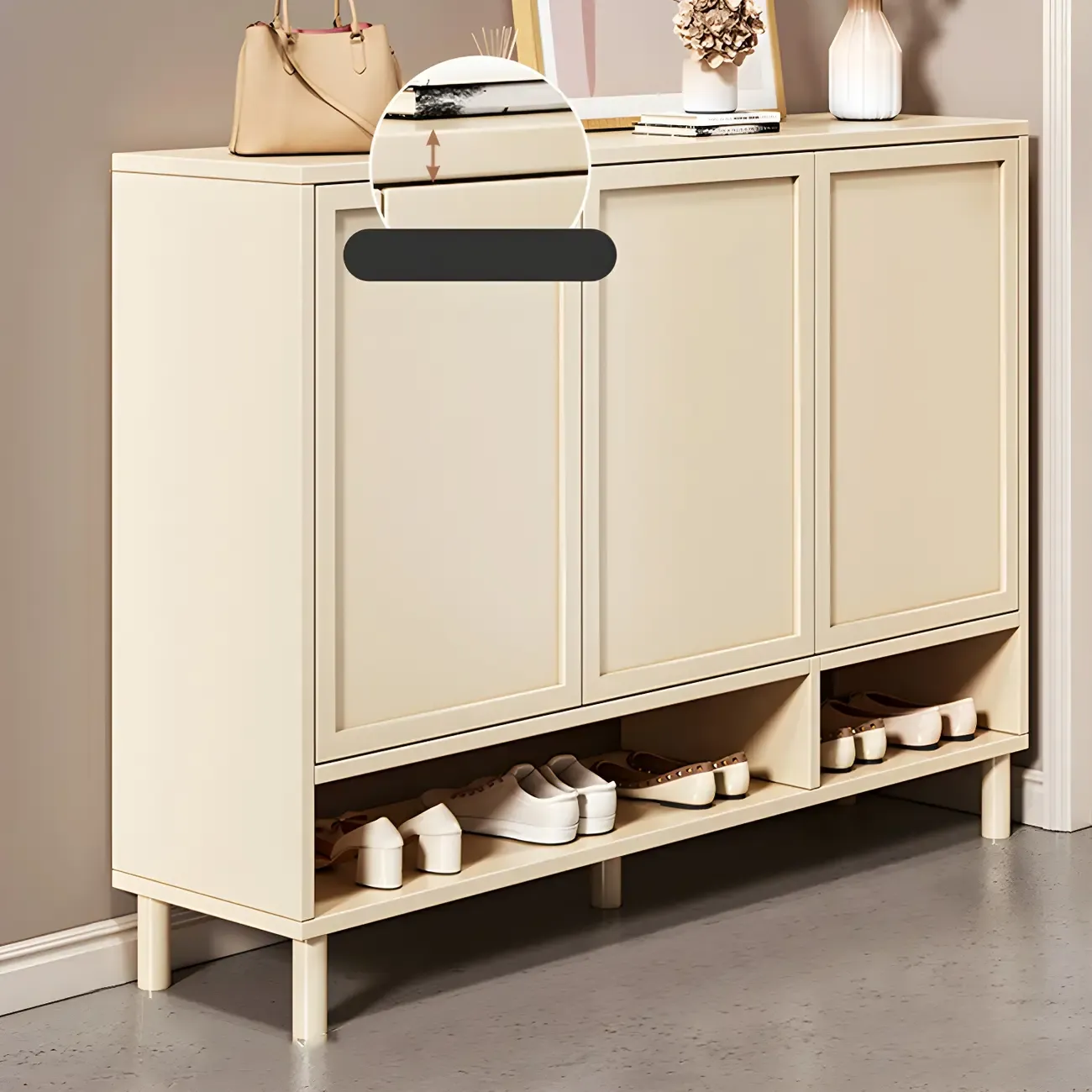 Cream White Wood Shoe Cabinet with Shoe Lattice Image - 2