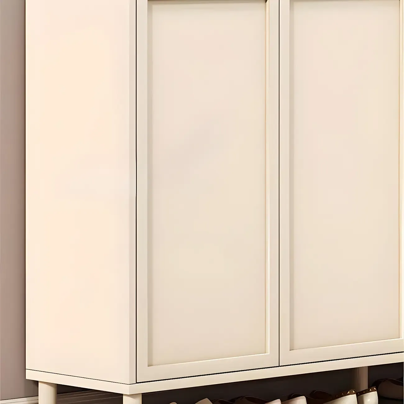 Cream White Wood Shoe Cabinet with Shoe Lattice Image - 13