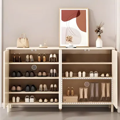 Cream White Wood Shoe Cabinet with Shoe Lattice Image - 15