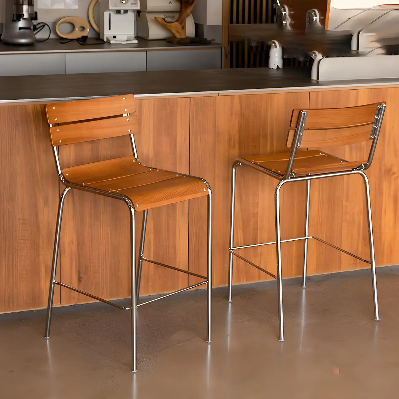 Durable Steel Frame Comfortable Brown Wood Back Bar Stool Image - 1 | homeyfad