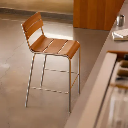 Durable Steel Frame Comfortable Brown Wood Back Bar Stool Image - 3
