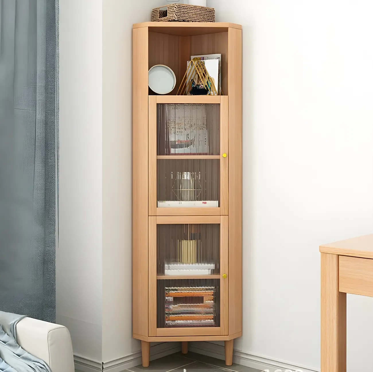 Wooden Corner Display Cabinet with Glass Door Image - 1