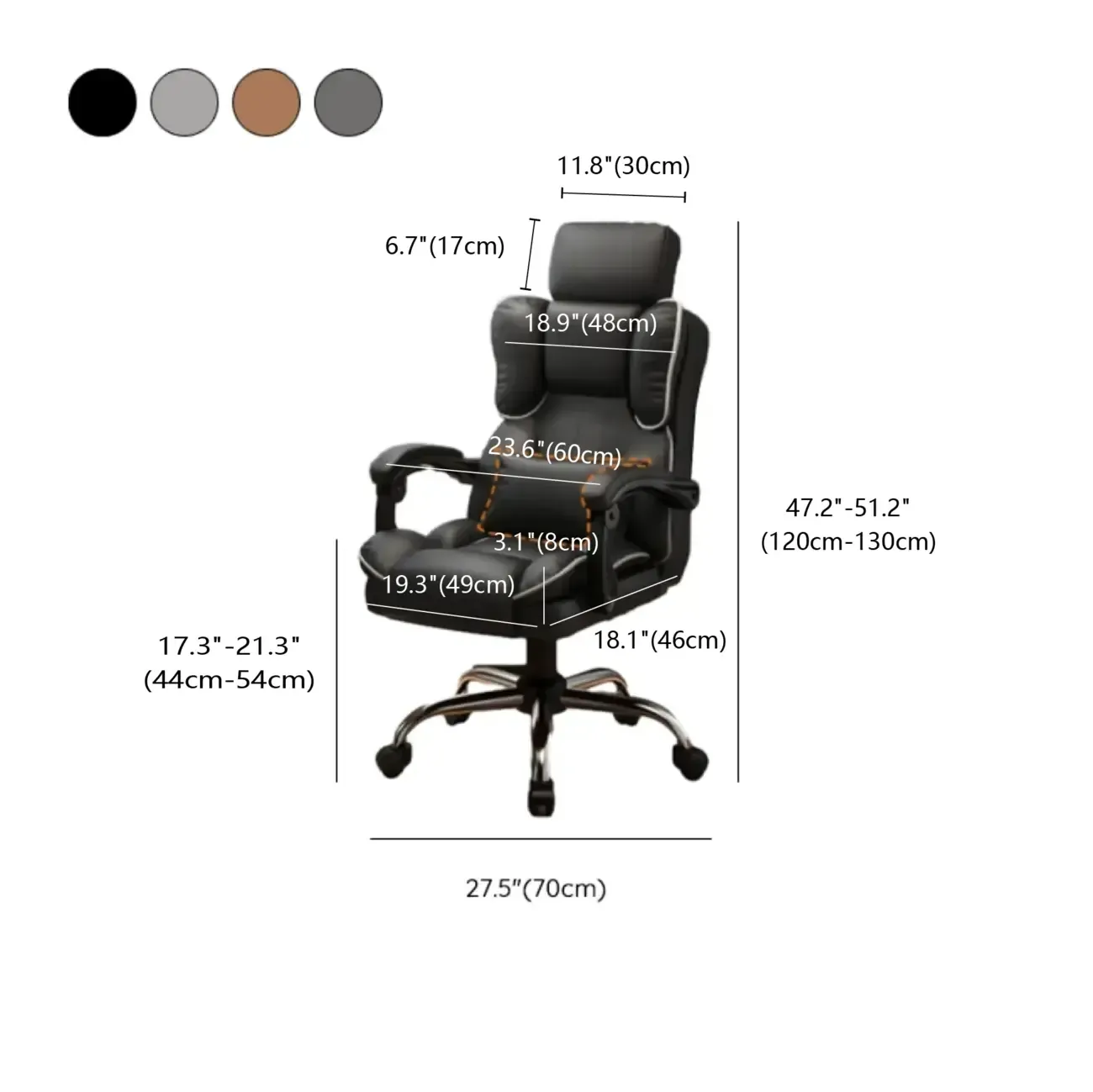 Ergonomic Brown Leather Reclining Office Chair #size