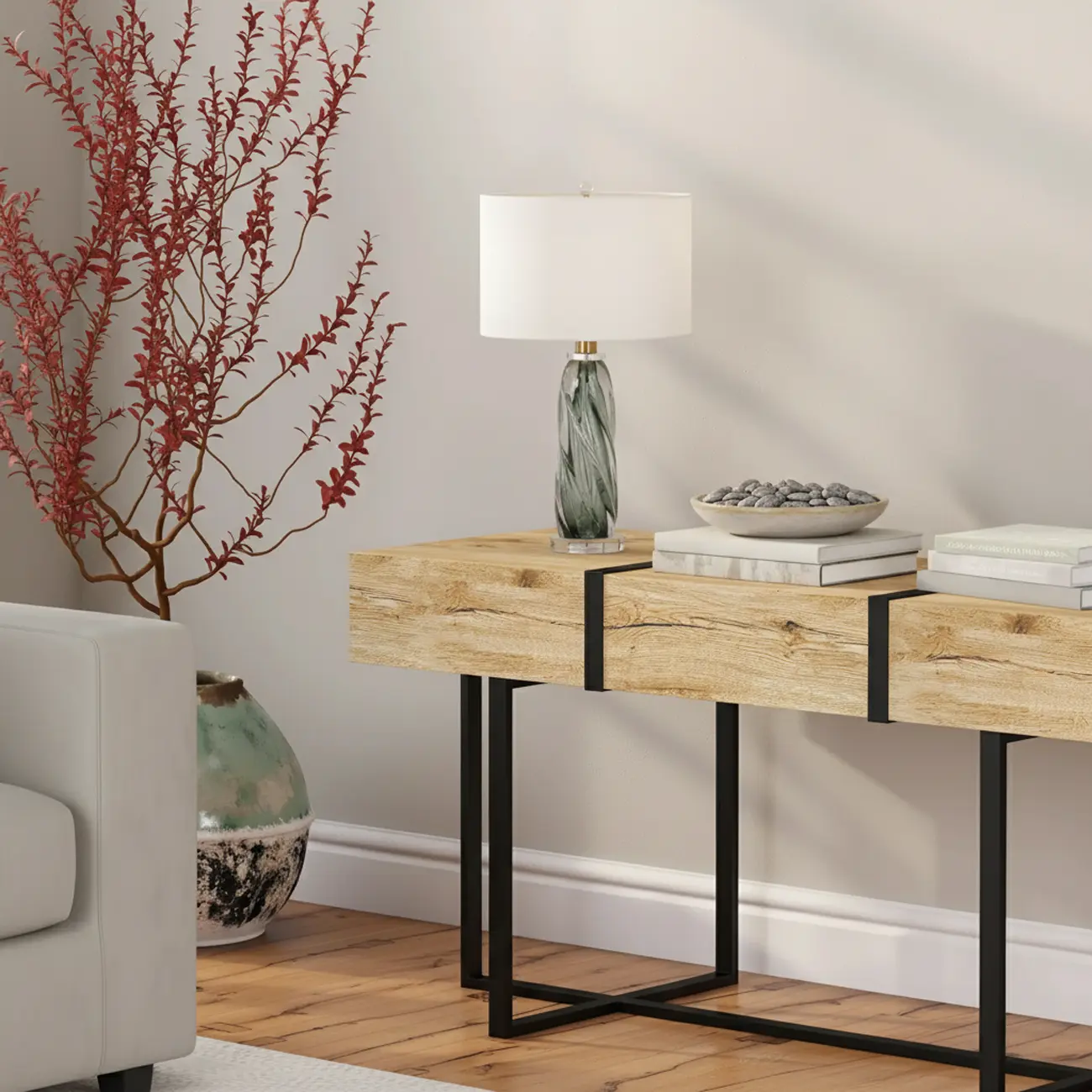 Modern Green Twisted Glass Table Lamp with Fabric Shade Image - 1 | homeyfad