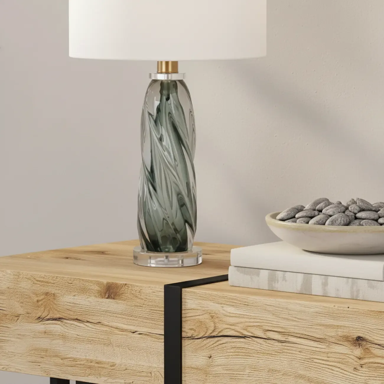 Modern Green Twisted Glass Table Lamp with Fabric Shade Image - 3
