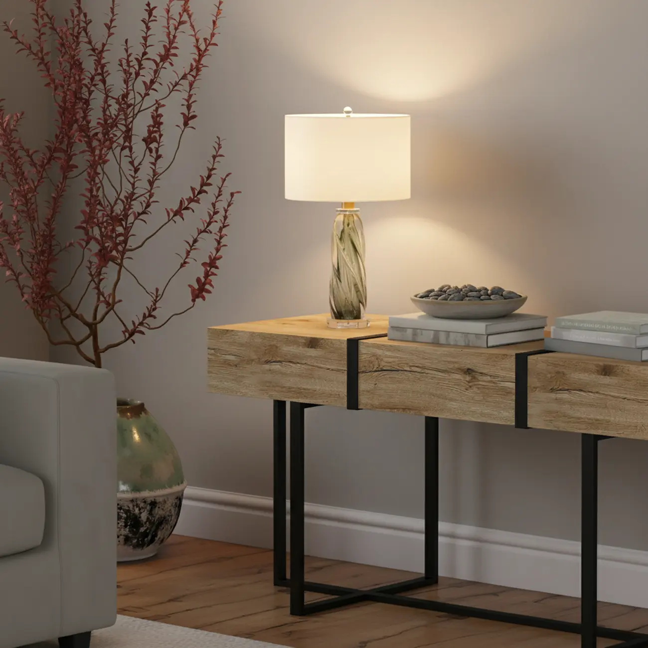 Modern Green Twisted Glass Table Lamp with Fabric Shade Image - 2 | homeyfad