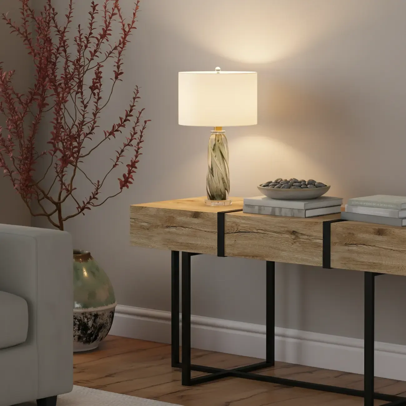 Modern Green Twisted Glass Table Lamp with Fabric Shade Image - 2