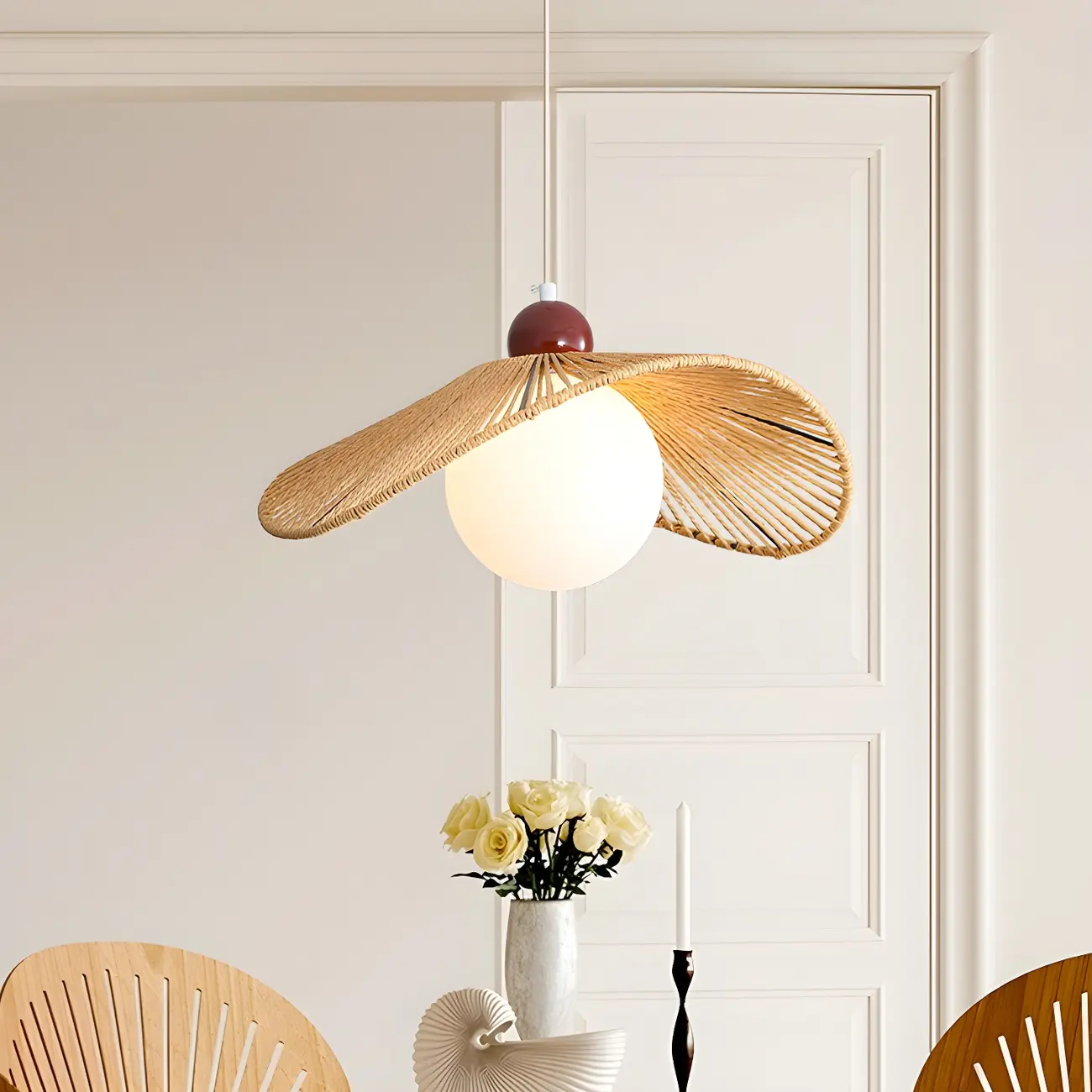 Rustic Curved Rattan White Spherical Glass Shade Pendant Light Image - 2 | homeyfad