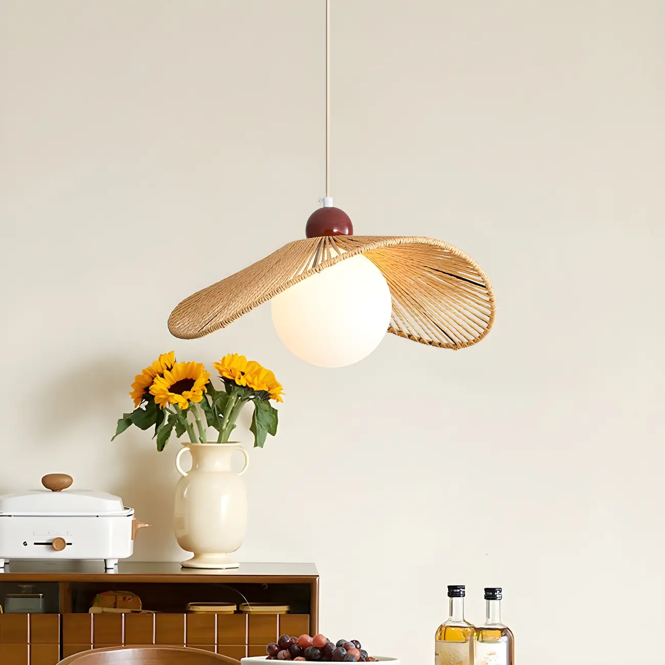 Rustic Curved Rattan White Spherical Glass Shade Pendant Light Image - 3 | homeyfad