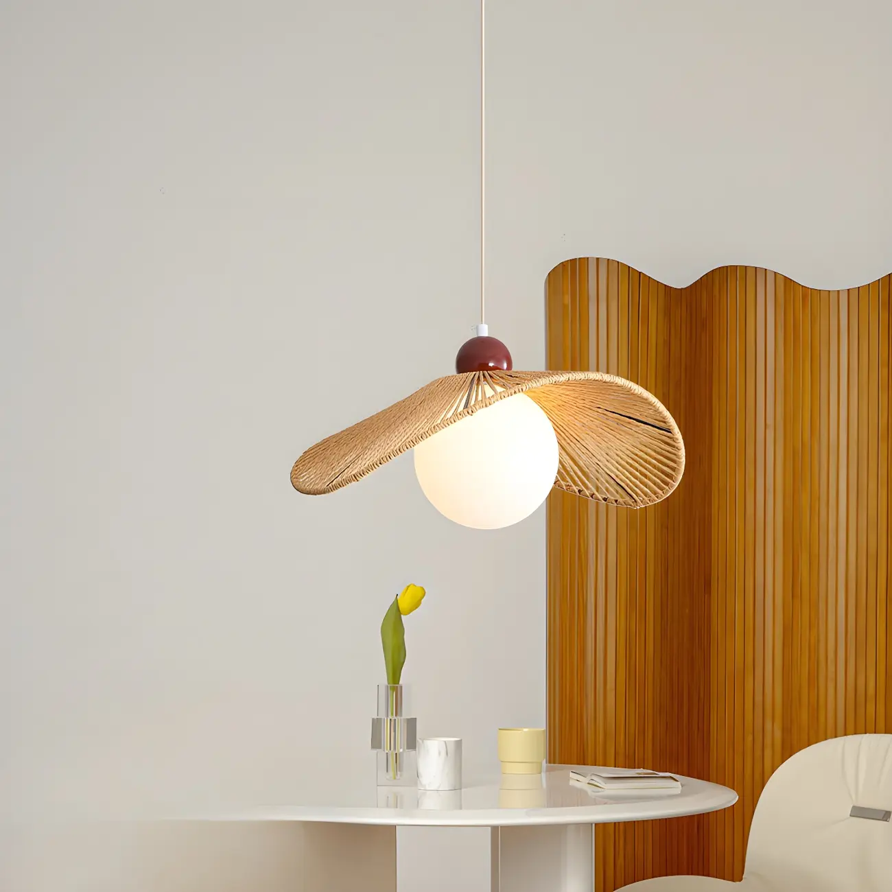 Rustic Curved Rattan White Spherical Glass Shade Pendant Light Image - 4 | homeyfad