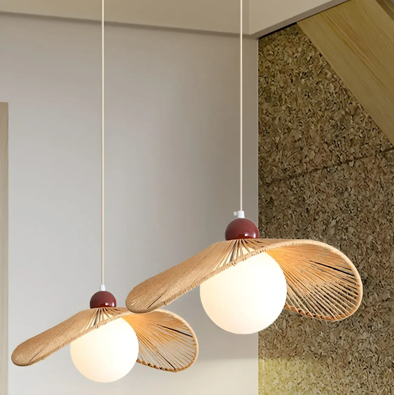 Rustic Curved Rattan White Spherical Glass Shade Pendant Light Image - 5