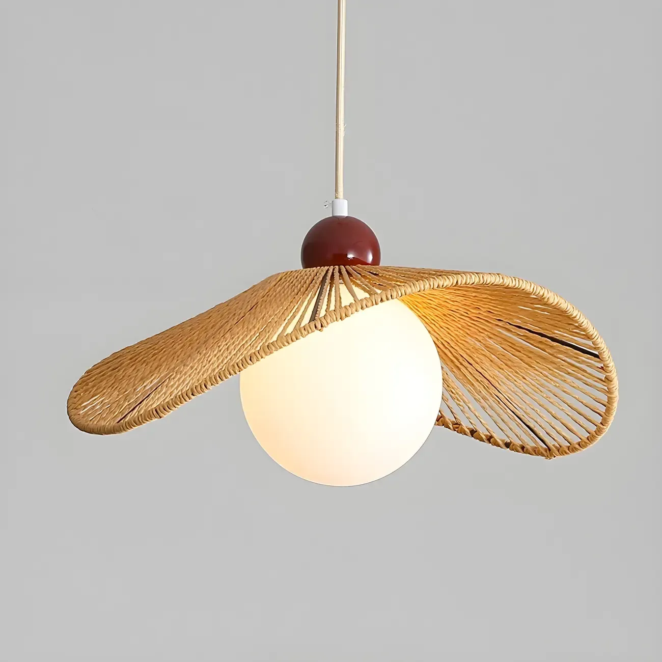 Rustic Curved Rattan White Spherical Glass Shade Pendant Light Image - 7