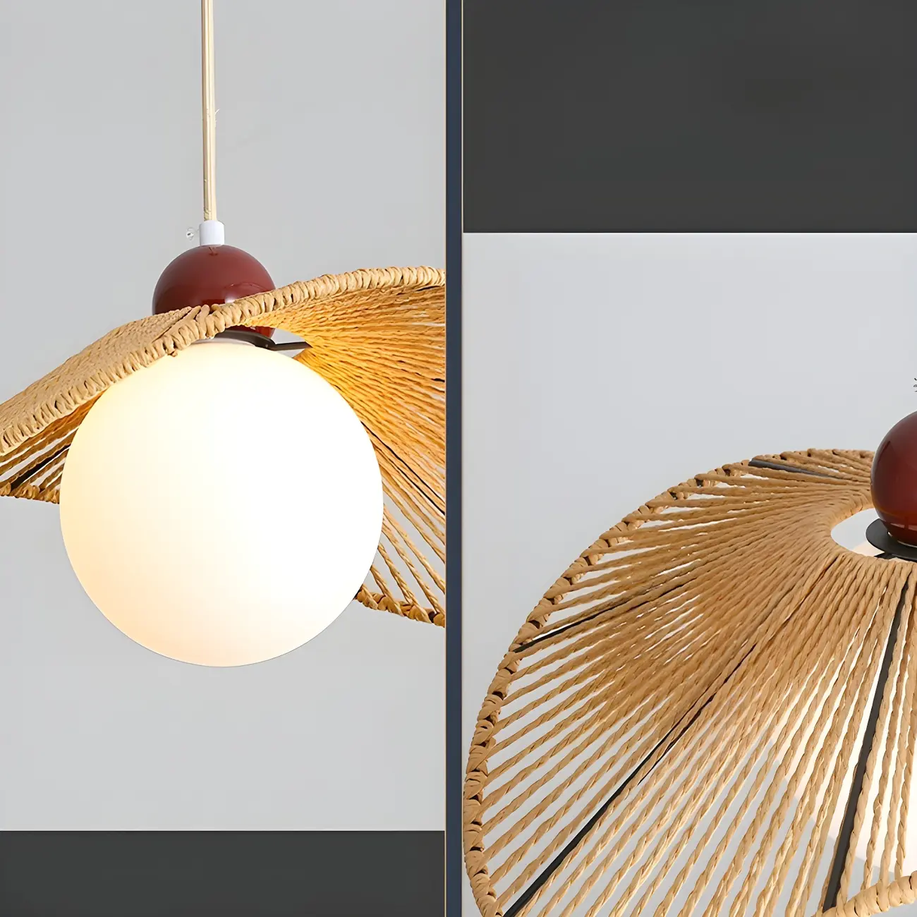 Rustic Curved Rattan White Spherical Glass Shade Pendant Light Image - 9 | homeyfad